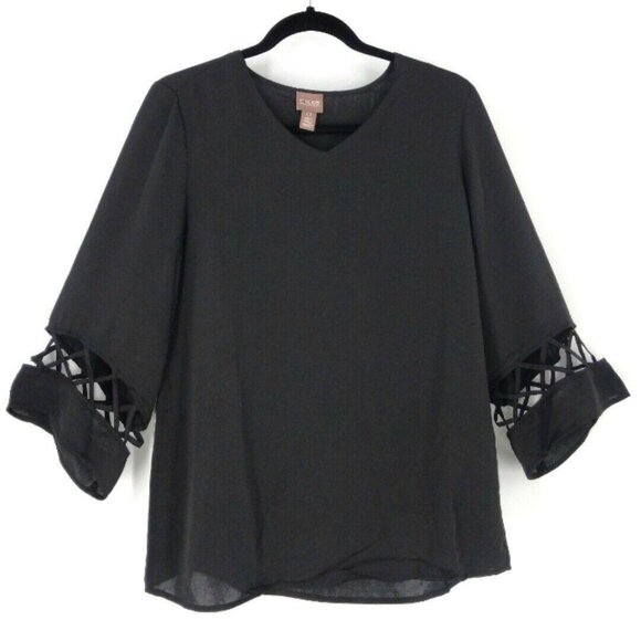 Chicos Top Blouse Size 0 Womens Small Black Popover Latice Detail Bell Sleeve‎ - Picture 1 of 8